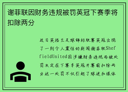 谢菲联因财务违规被罚英冠下赛季将扣除两分